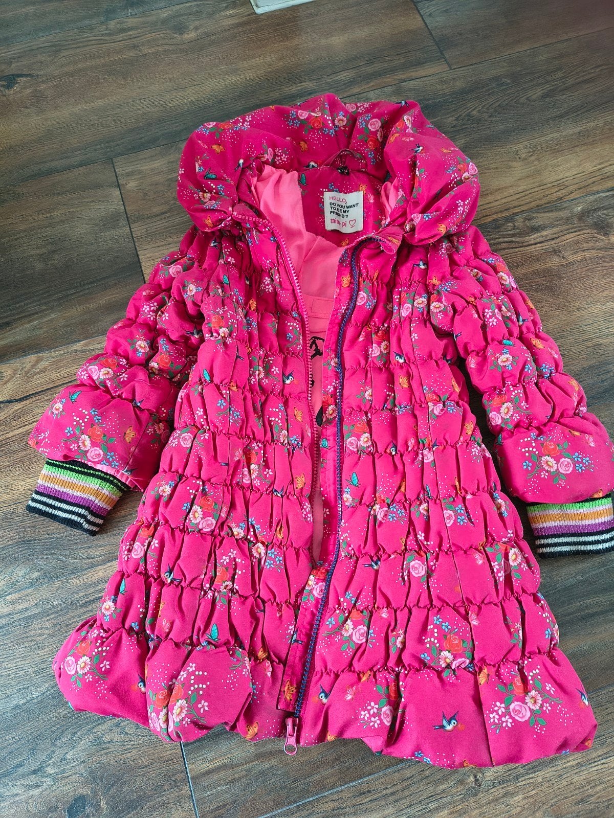 Mim-Pi winterjas maat 110 (5Y) - Roze met bloemenprint, Meisje, Ophalen of Verzenden, Zo goed als nieuw, Mim-Pi