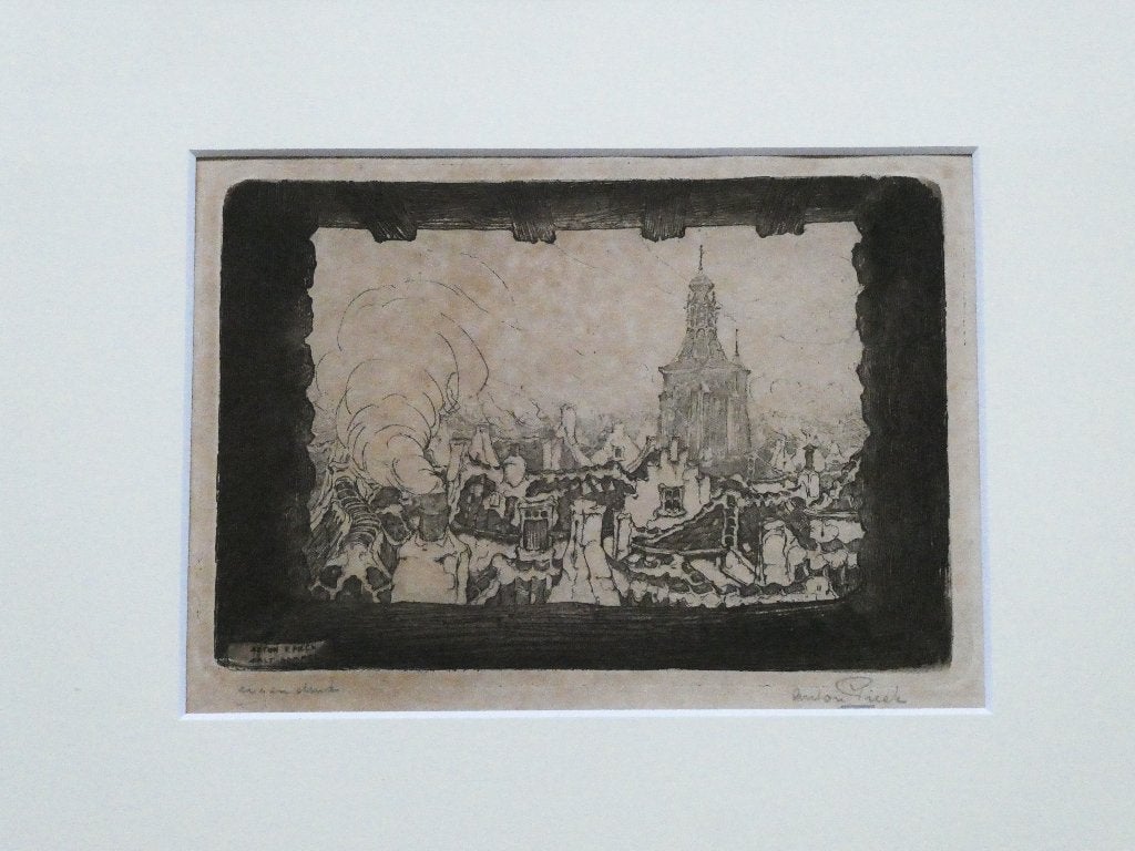 Anton Pieck ets Zaltbommel Daken van Bommel ca. 1917, Antiek en Kunst, Kunst | Etsen en Gravures, 26 cm, Ingelijst, 33 cm, Ets