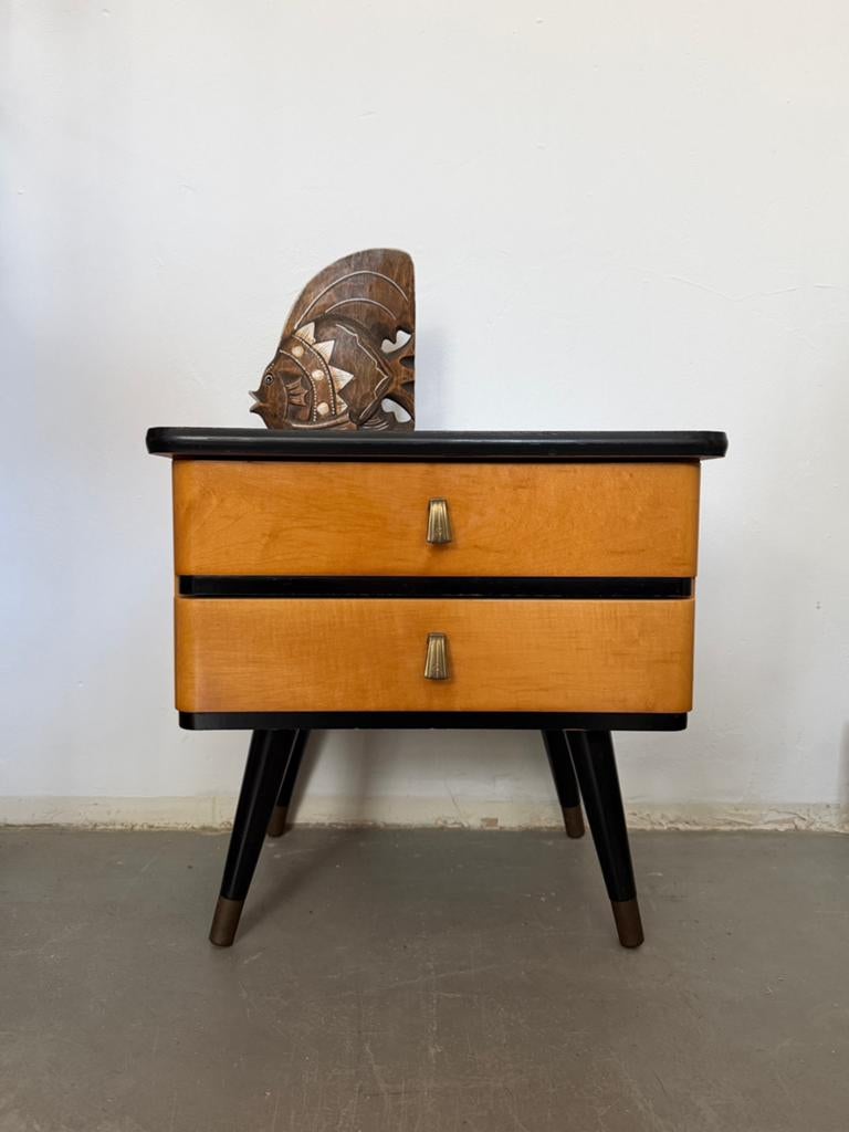 Midcentury nachtkastje, vintage design ladekastje hout, Huis en Inrichting, Kasten | Ladekasten, Ophalen, Minder dan 50 cm, Gebruikt