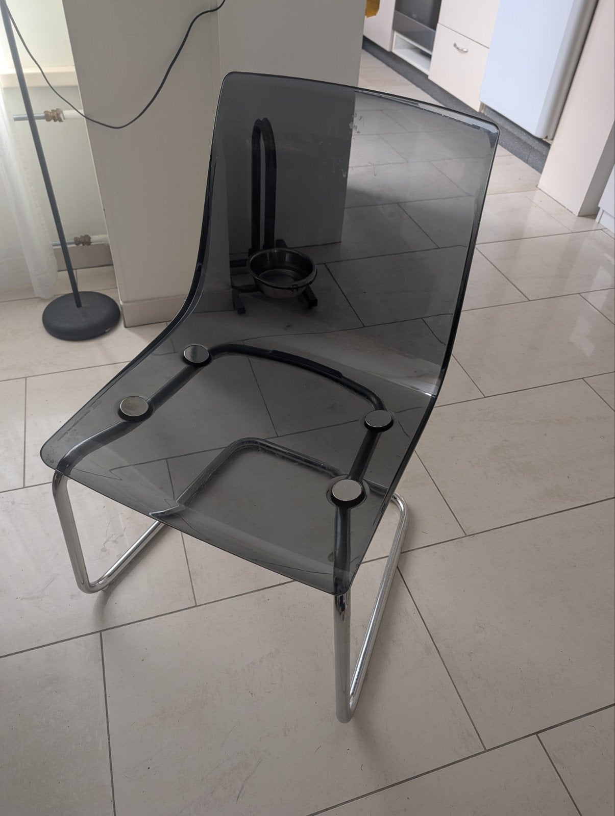 4 IKEA Tobias stoelen transparant/rookkleurig chroom, Ophalen, Gebruikt
