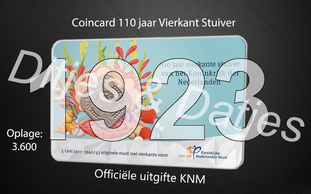 Vierkante stuiver in coincard KNM 1923, Ophalen of Verzenden, Koningin Wilhelmina, 5 cent