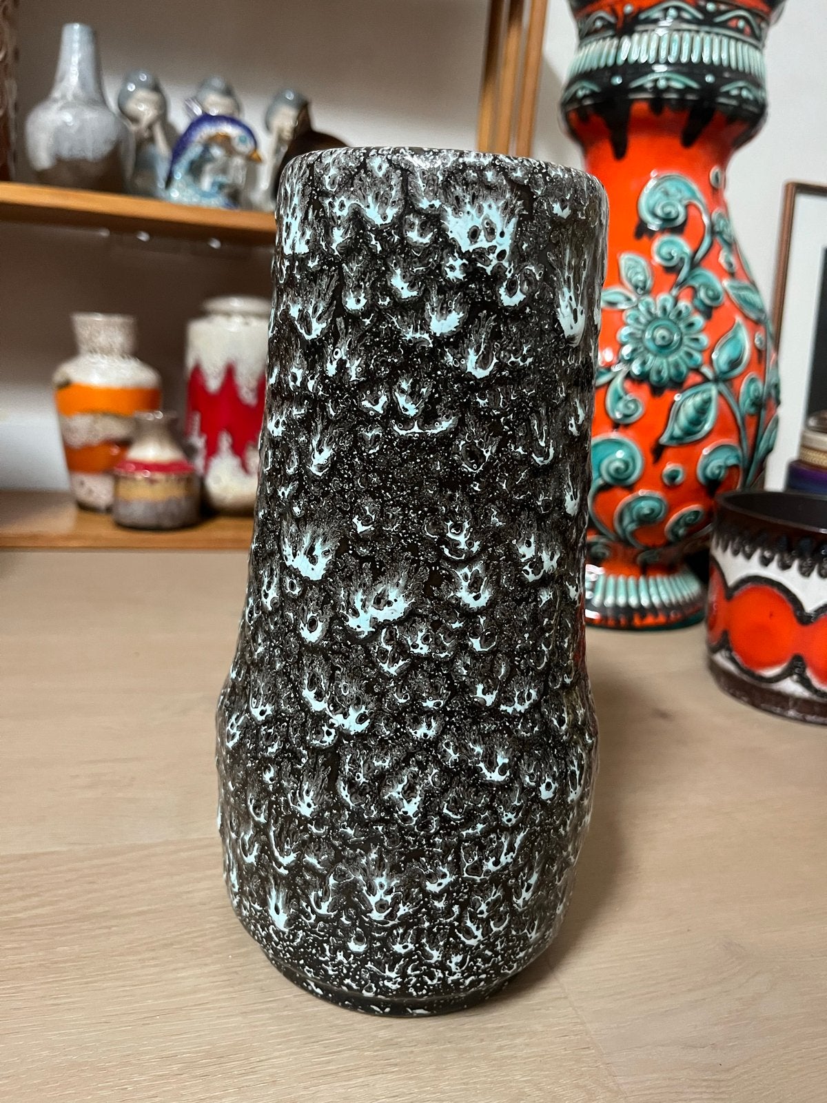 Vintage West Germany vaas met bruisglazuur - Zwart/Blauw, Ophalen of Verzenden