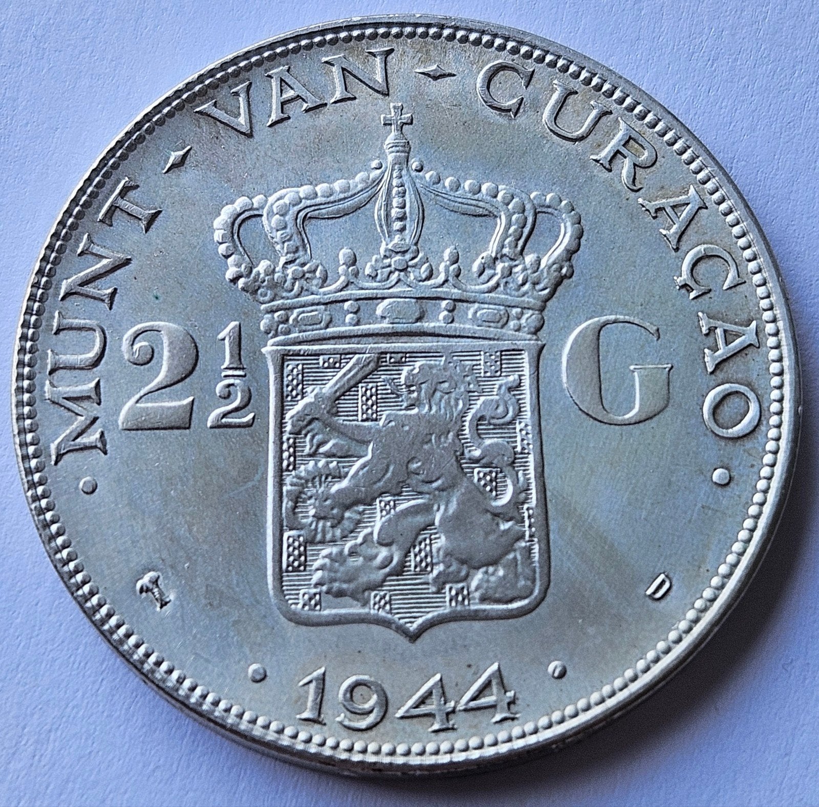 Curaçao 2½ Gulden 1944 Zilver, Zilver, Ophalen of Verzenden, Koningin Wilhelmina, Losse munt