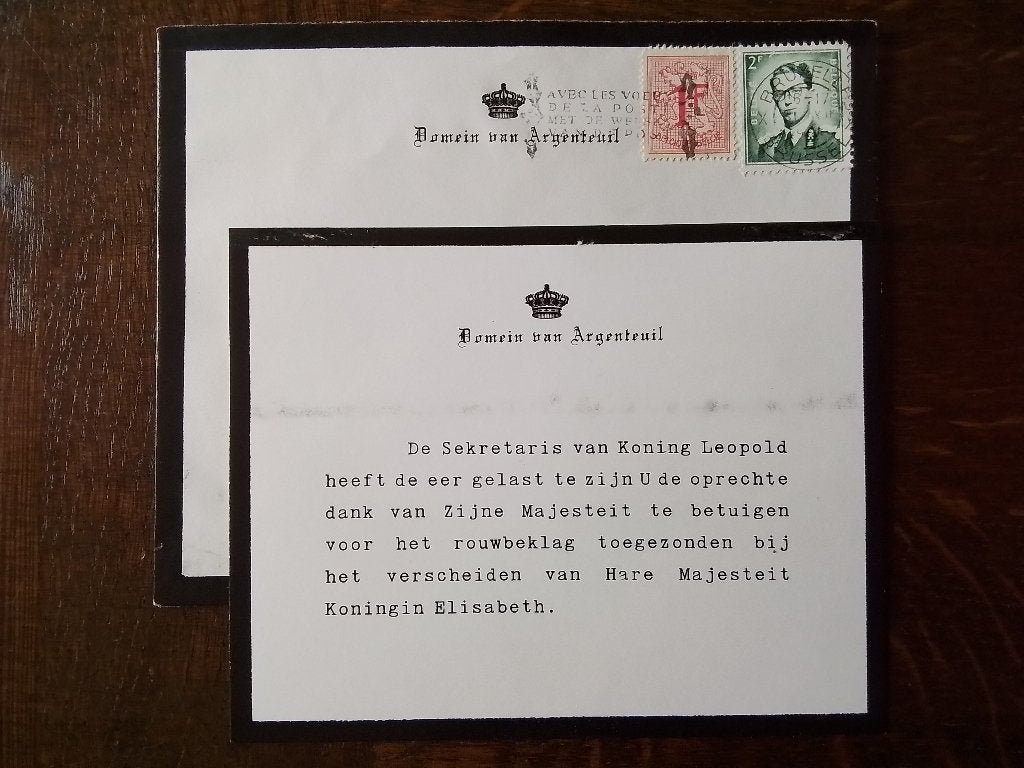 Overlijdensbedankje van Koningin Elisabeth van  België 1965., Verzamelen, Verzenden, Zo goed als nieuw, Buitenland, Kaart, Foto of Prent
