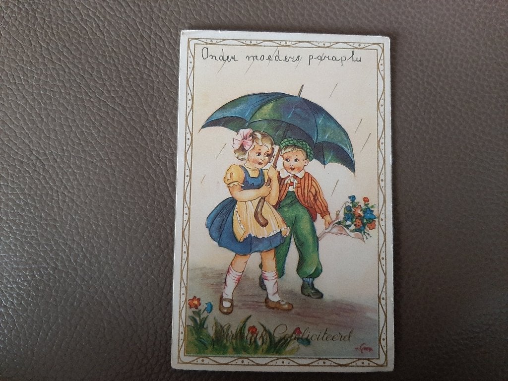 Kinderen onder moeders paraplu,1955, stempel Vianen., Verzenden, 1940 tot 1960, Gelopen, Kinderen