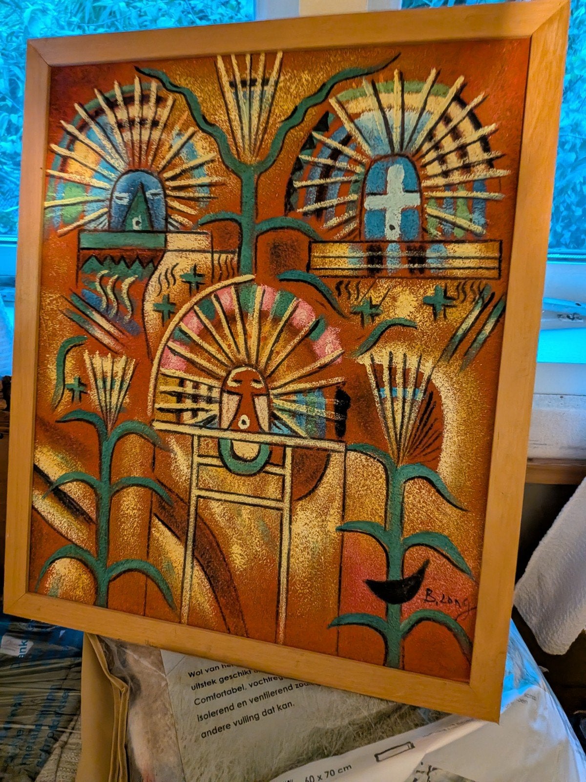 Abstract zandkunst schilderij met etnische motieven, Ophalen, Overige technieken, Gesigneerd, Overige onderwerpen
