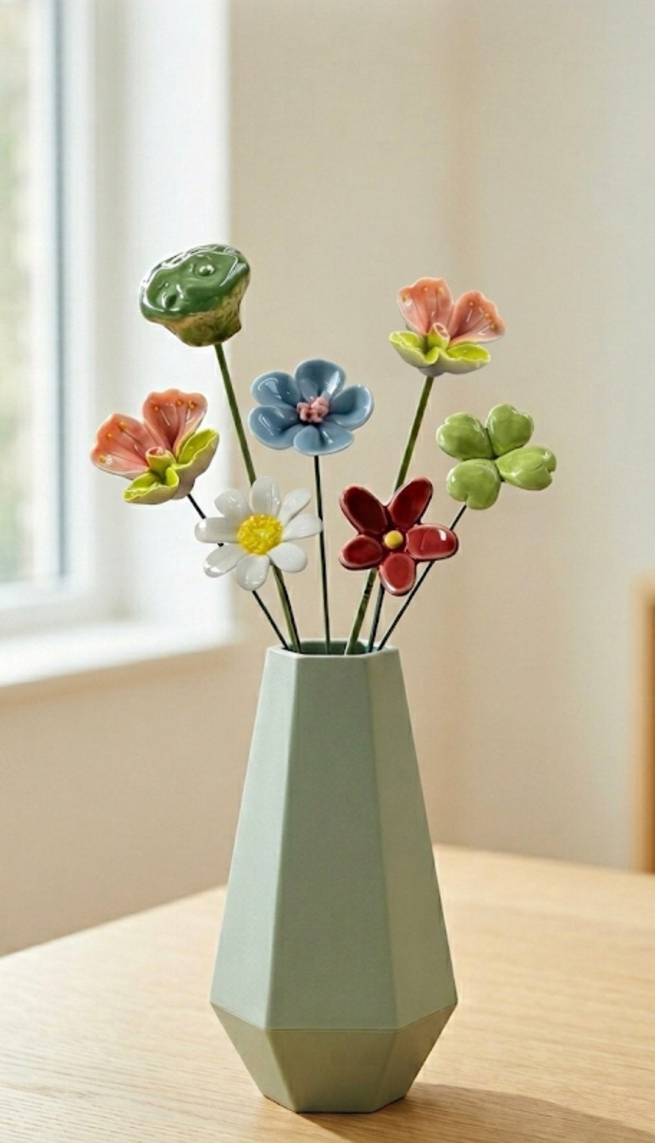 NIEUW !! Complete set van bamboo vaas met keramieken bloemen, Ophalen of Verzenden, Nieuw, Groen