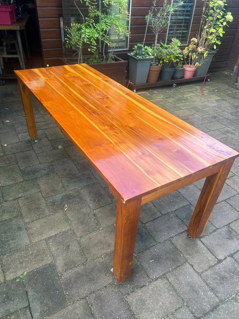 Lange teak houten tafel op wielen, Huis en Inrichting, Ophalen, Gebruikt, 200 cm of meer, 50 tot 100 cm