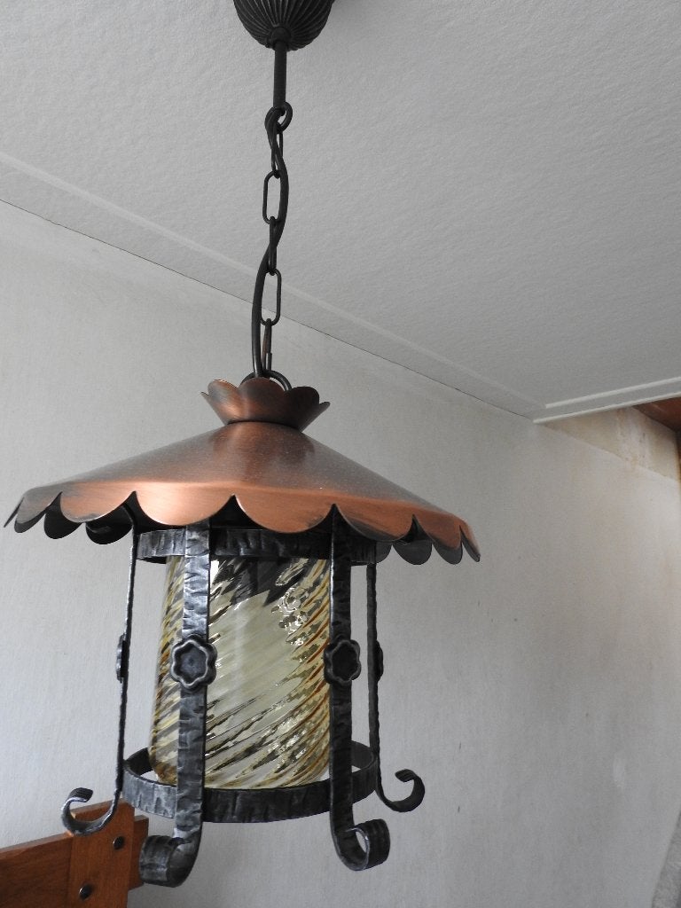 Mooitje! Café lamp hanglamp | gietijzer met koperkleur, Ophalen, Zo goed als nieuw, Glas, Retro