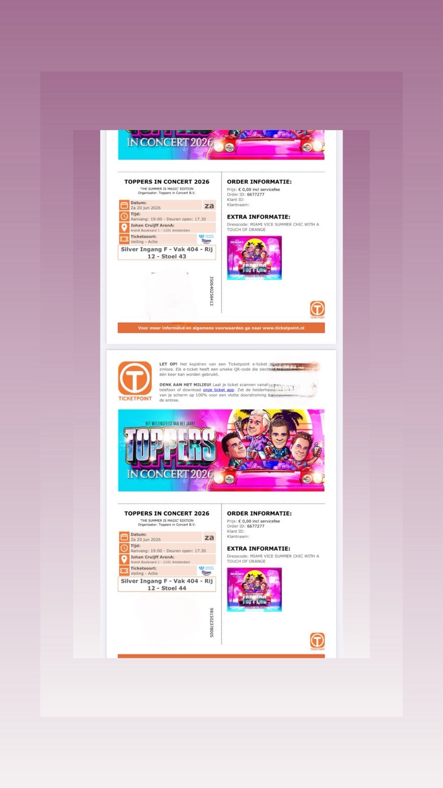 De toppers in amsterdam, Tickets en Kaartjes, Twee personen