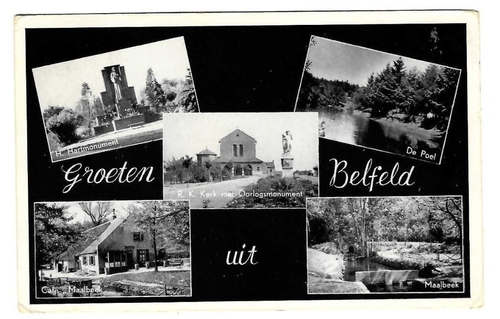 Belfeld bij Venlo - Cafe Maalbeek/De Poel/Kerk/Monument, Verzenden, 1940 tot 1960, Gelopen, Limburg