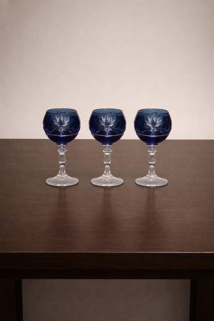 Set van 3 Vintage Boheemse Kristallen Wijnglazen, Antiek en Kunst, Antiek | Glas en Kristal, Ophalen of Verzenden