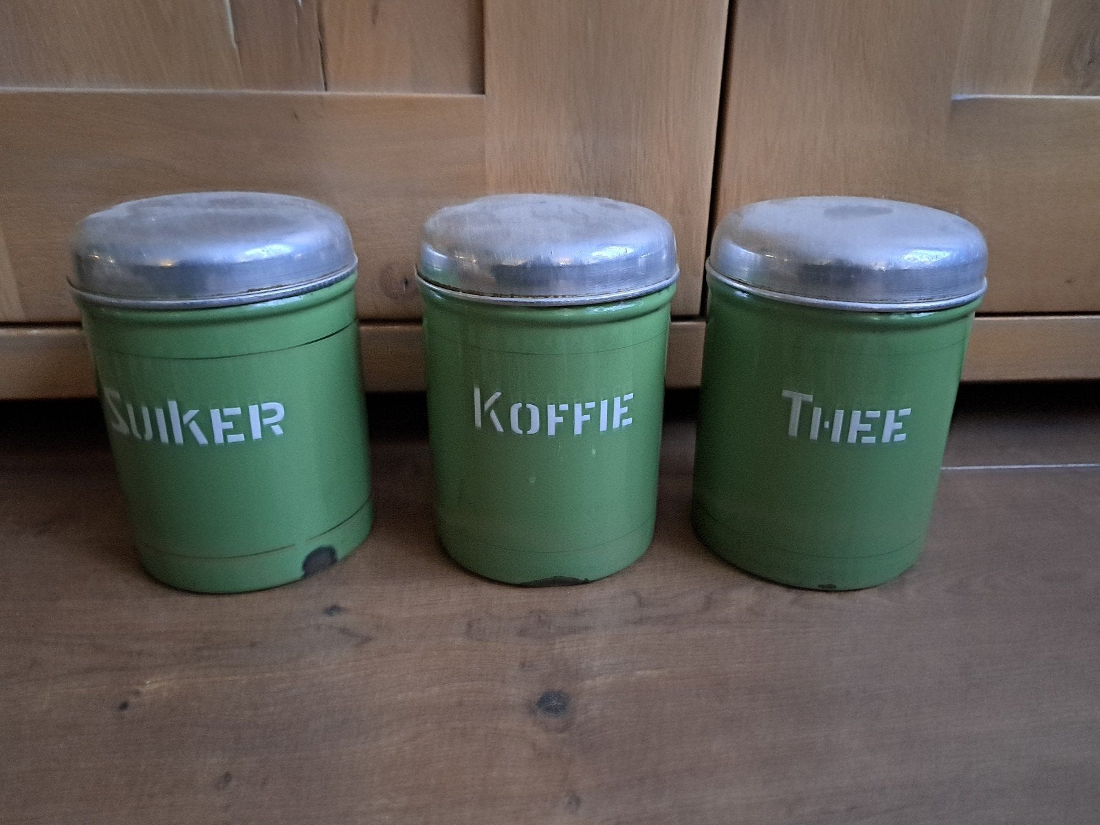 Set 3 vintage groene emaille bewaarbussen thee koffie suiker, Antiek en Kunst, Ophalen of Verzenden