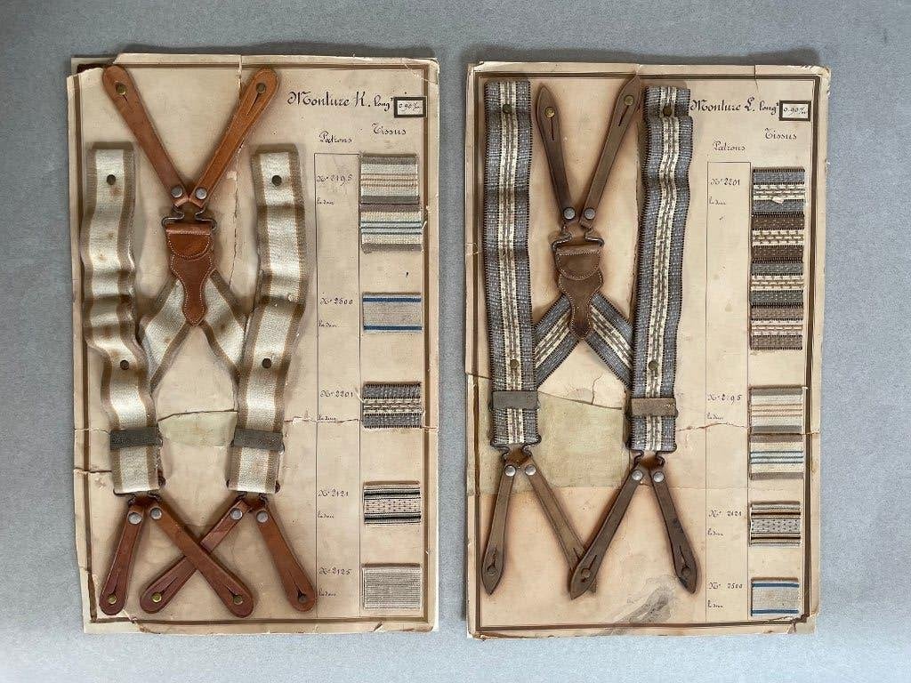 Twee antieke winkelkaarten met antieke bretels uit 1900/1920, Ophalen of Verzenden