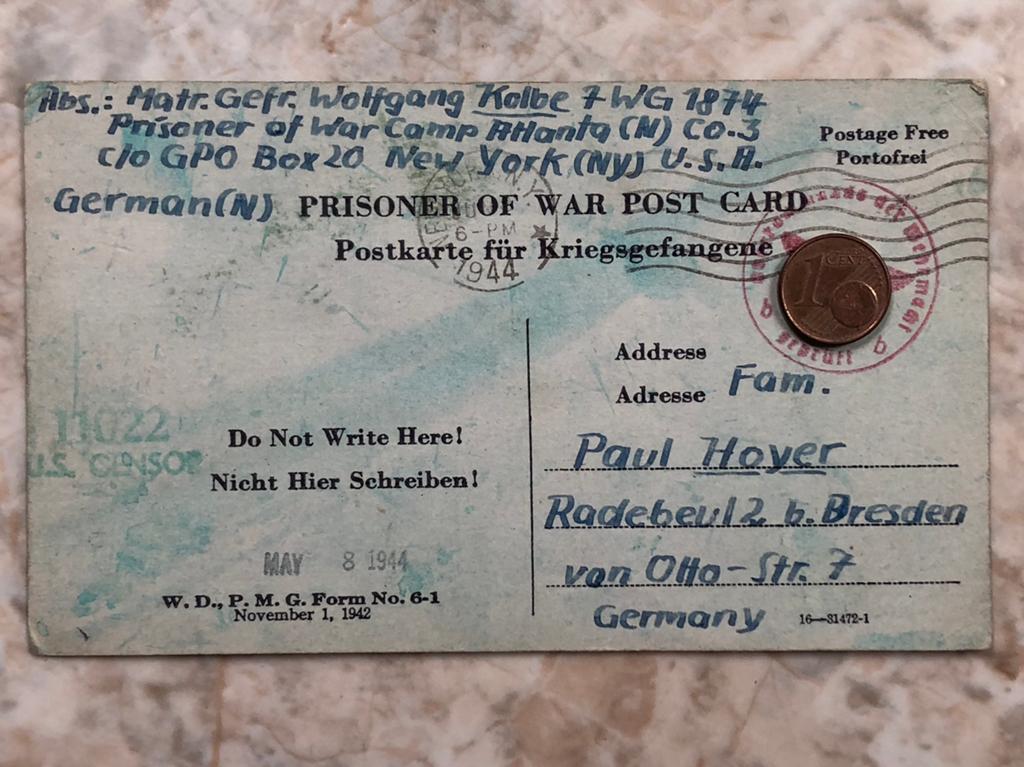 POW Post Card, gestempeld 8.6.44 NY. Van US naar Duitsland., Verzamelen, Militaria | Tweede Wereldoorlog, Verzenden, Marine, Amerika
