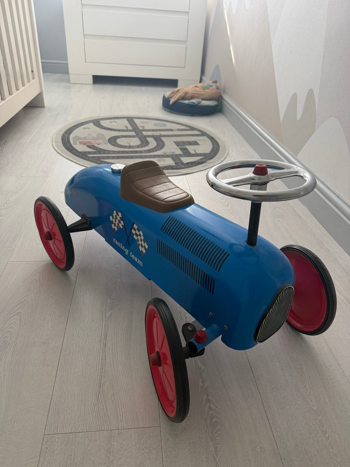️ Stoere blauwe Racing Team retro loopauto, Kinderen en Baby's, Ophalen, Zo goed als nieuw