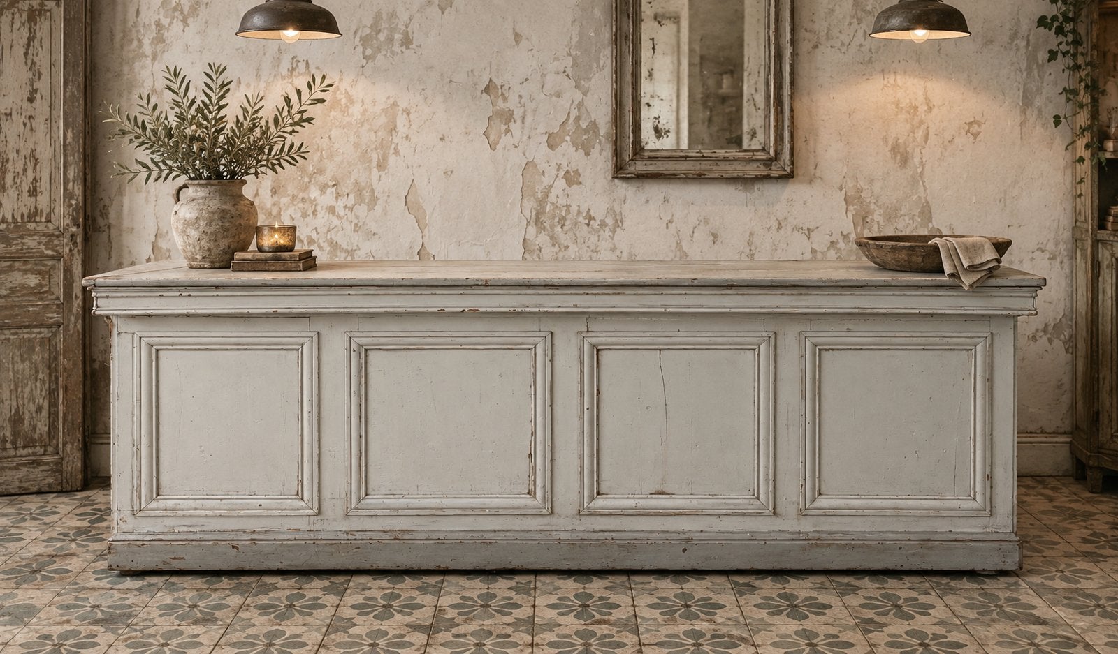 🍂SALE🍂 Antiek, Toonbank, grijs, stevig, 2.60 breed,horeca, Ophalen