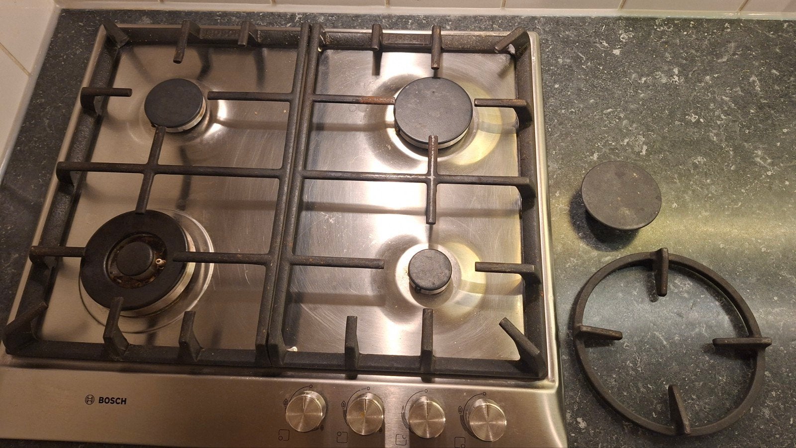 Bosch 4 pits gaskookplaat met wokbrander. Piëzo ontsteking!, Ophalen, Gebruikt, 4 kookzones, Inbouw