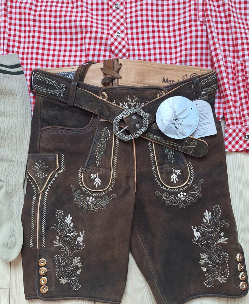 Trachten lederhose 48 overhemd kousen oktoberfeest, Ophalen, Zo goed als nieuw, Maat 48/50 (M), Marjo