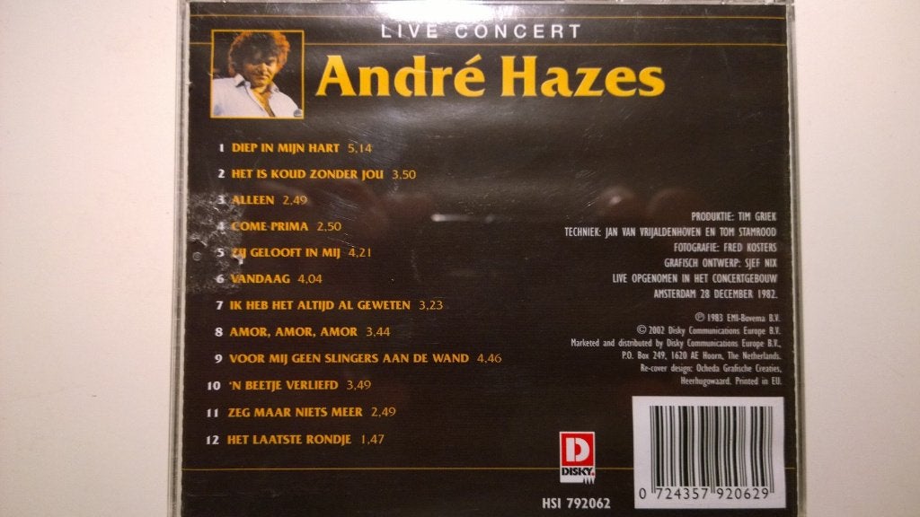André Hazes - Live Concert, Cd's en Dvd's, Ophalen of Verzenden, Zo goed als nieuw, Levenslied of Smartlap