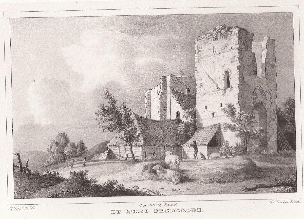 De Ruine Brederode Litho H.J. Backer ca. 1850, Antiek en Kunst, 10 cm, Origineel, 1800 - 1899, Ophalen of Verzenden