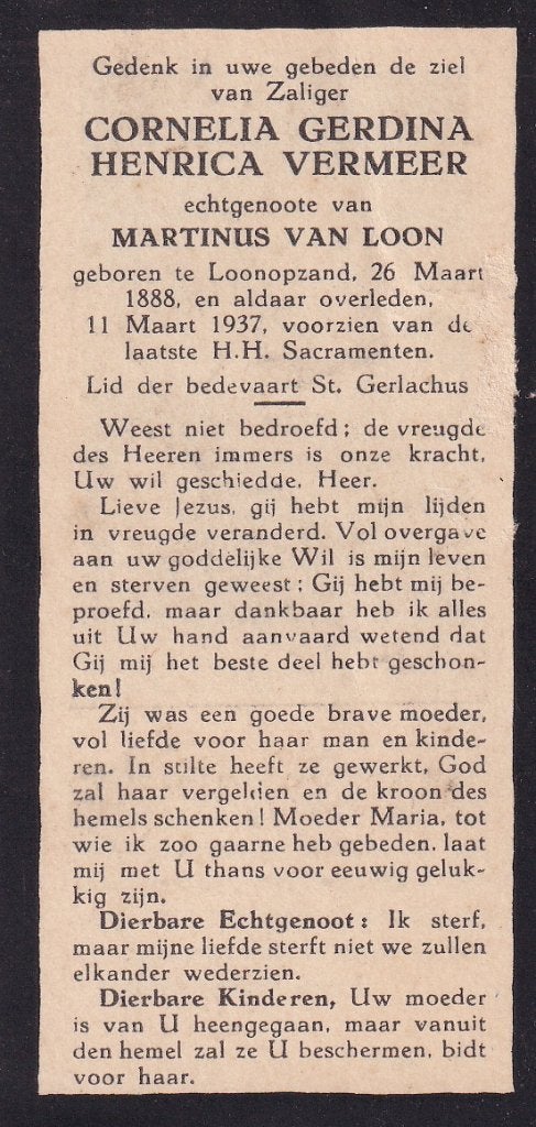 Vermeer  Cornelia 1888 Loon op Zand 1937, Ophalen of Verzenden, Bidprentje