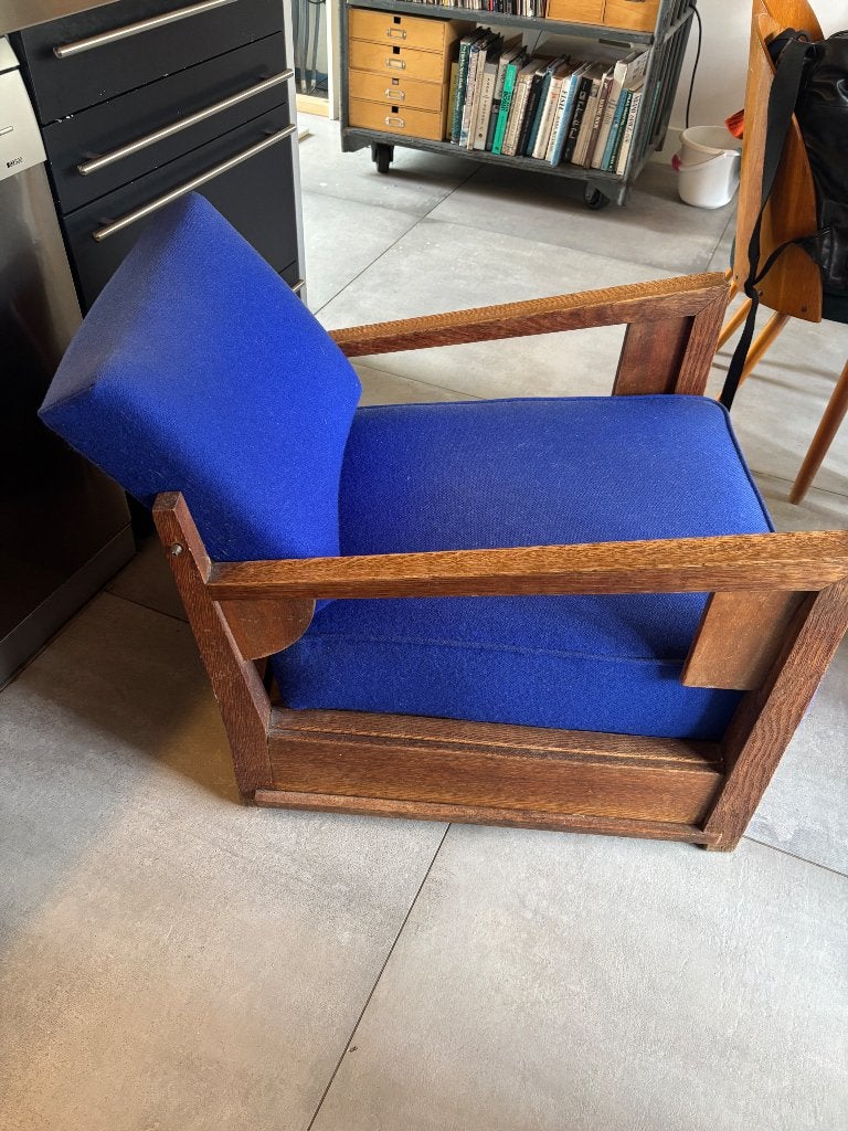 Vintage fauteuil met blauwe bekleding, Ophalen, Hout, Gebruikt, Blauw