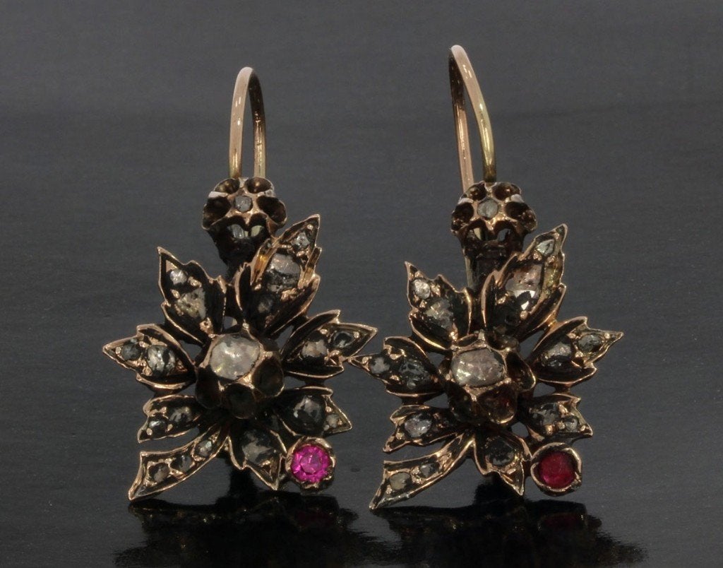 Diamanten robijn antiek gouden set oorbellen dames zilver, Sieraden, Tassen en Uiterlijk, Antieke sieraden, Ophalen of Verzenden