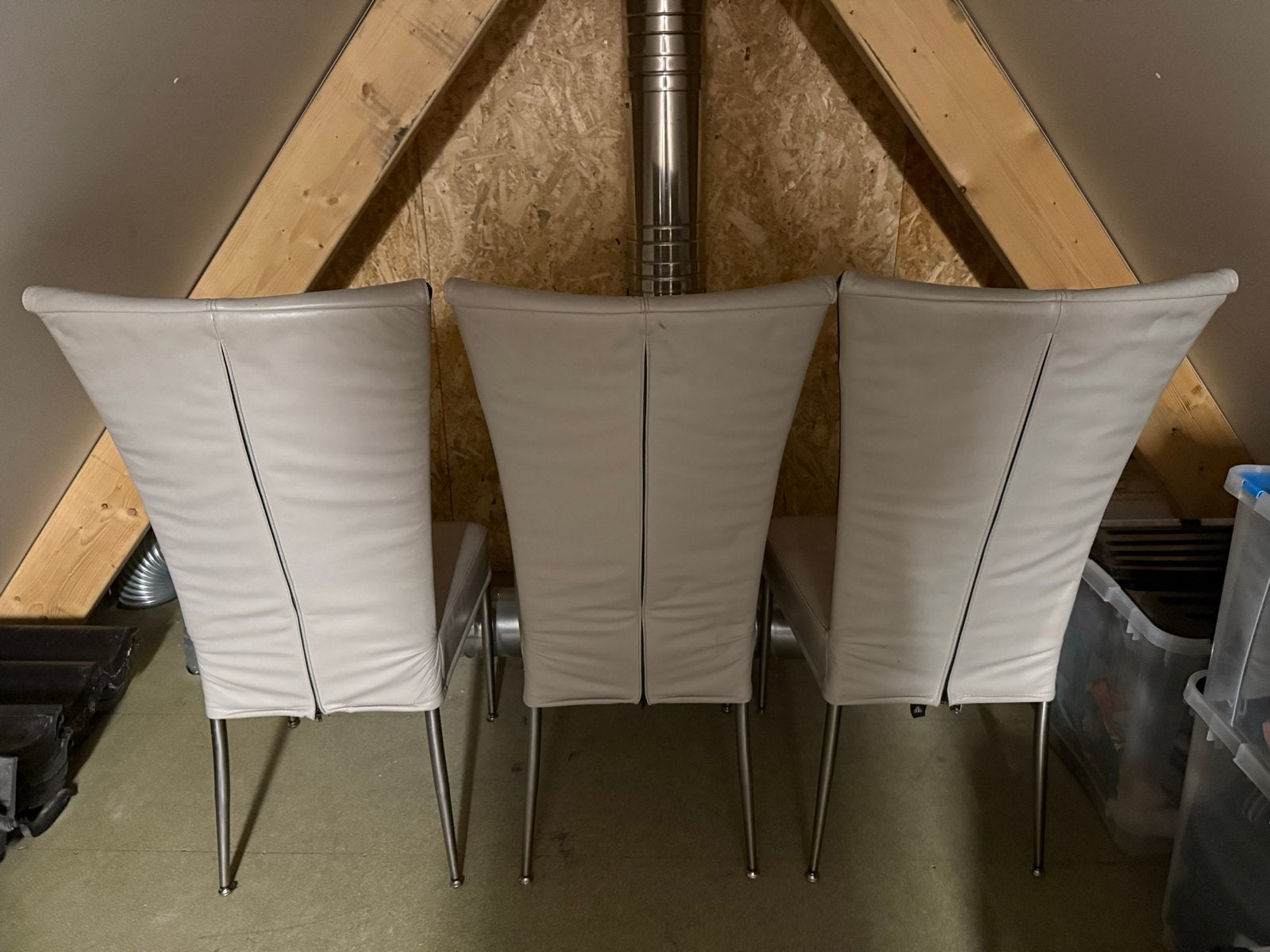 9x H.V.S. Leren Stoelen - Gebruikt, Huis en Inrichting, Stoelen, Ophalen, Gebruikt, Leer, Grijs