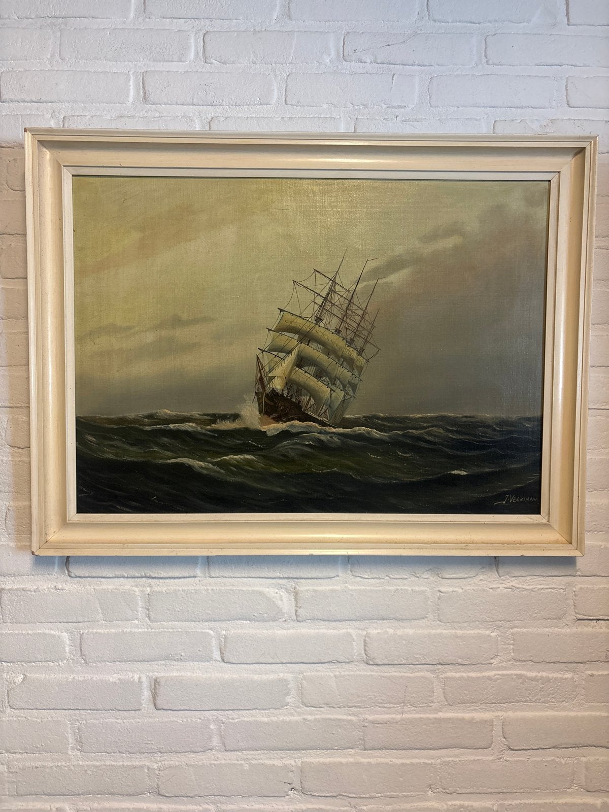 Maritiem schilderij van J. Veerman - Schip op woeste zee, Antiek en Kunst, Maritiem / water, Doek, Ophalen of Verzenden, Gesigneerd