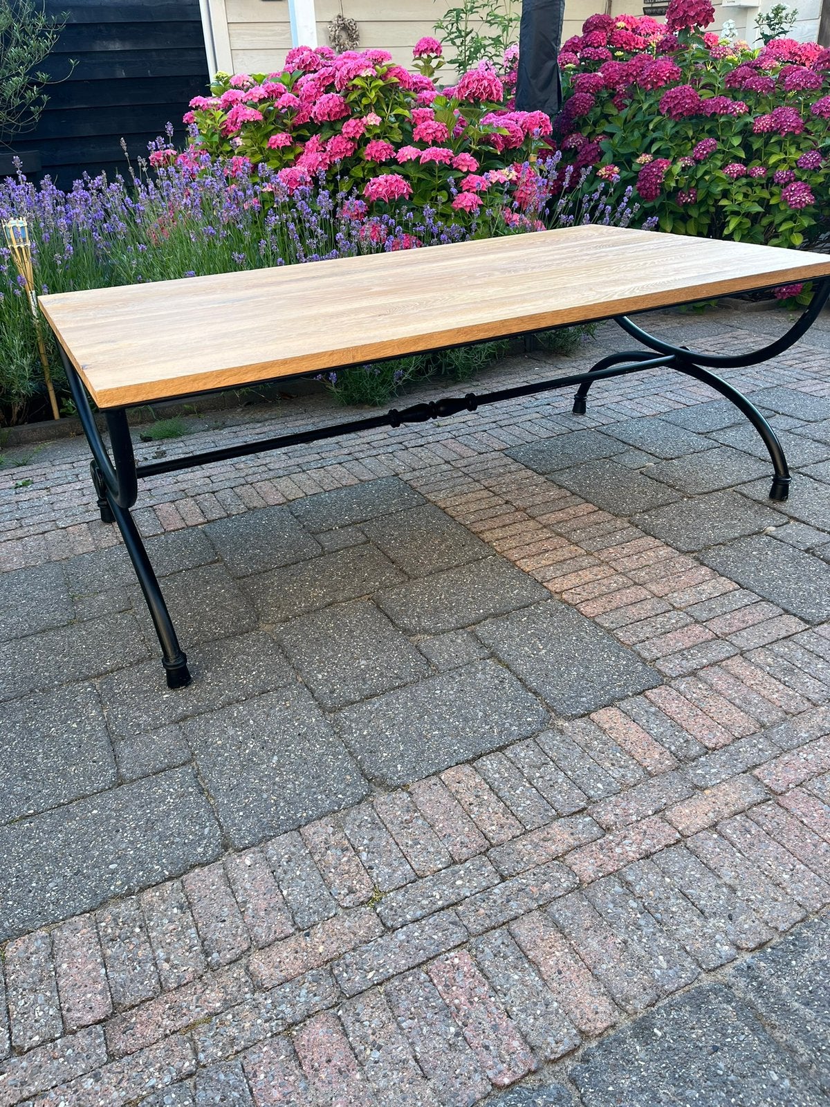 Salontafel - smeedijzer onderstel - eikenhout blad, Ophalen, 100 tot 150 cm, Eikenhout, 50 tot 100 cm