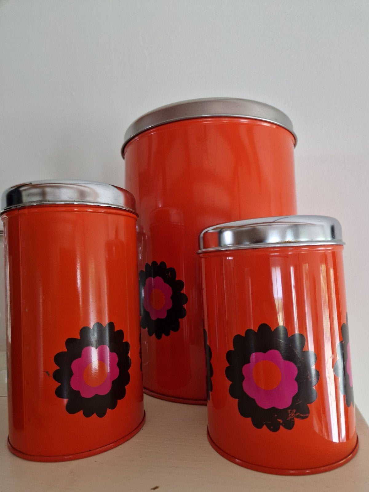 Set van 3 retro voorraadbussen in verschillende afmetingen, Gebruikt, Ophalen of Verzenden, Voorraadpot, Metaal