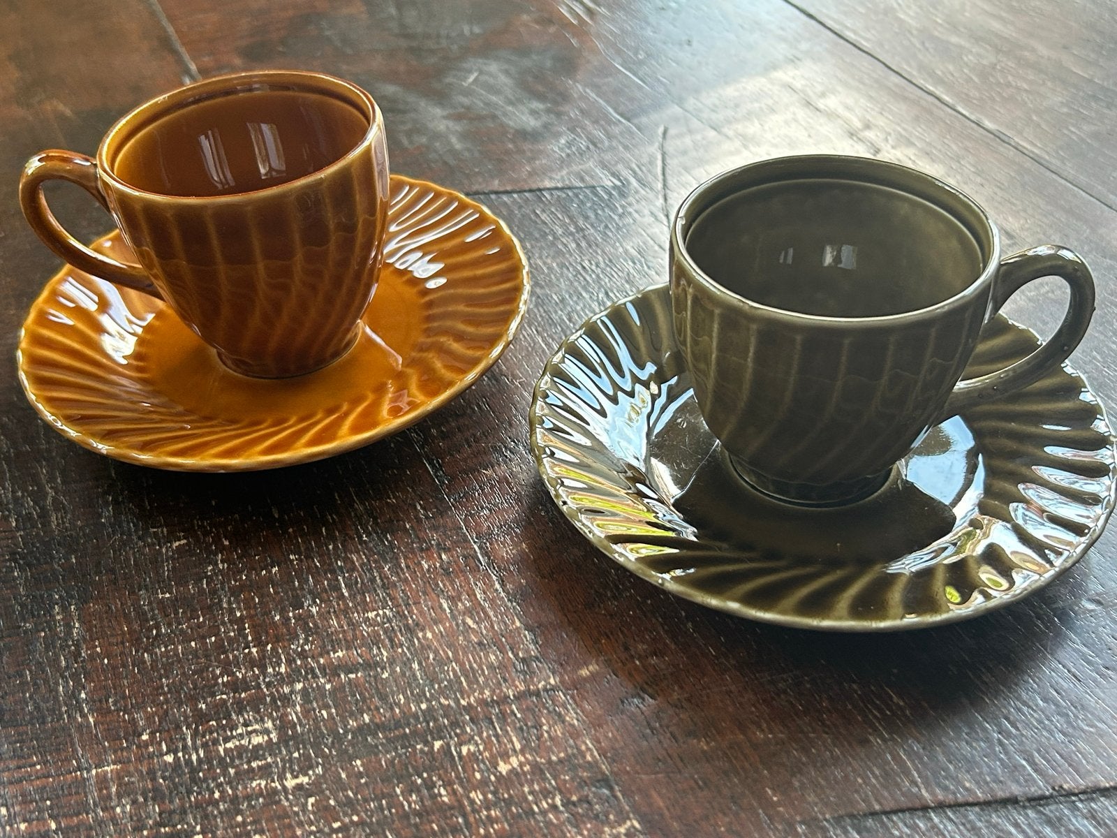 Vintage Kop en Schotel Set - Bruin en Okergeel, Ophalen of Verzenden
