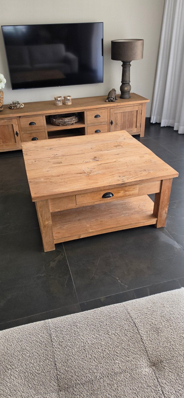 Zware teakhouten salontafel 100x100 cm, onbehandeld, Huis en Inrichting, Ophalen, Gebruikt, 50 tot 100 cm, 50 tot 100 cm