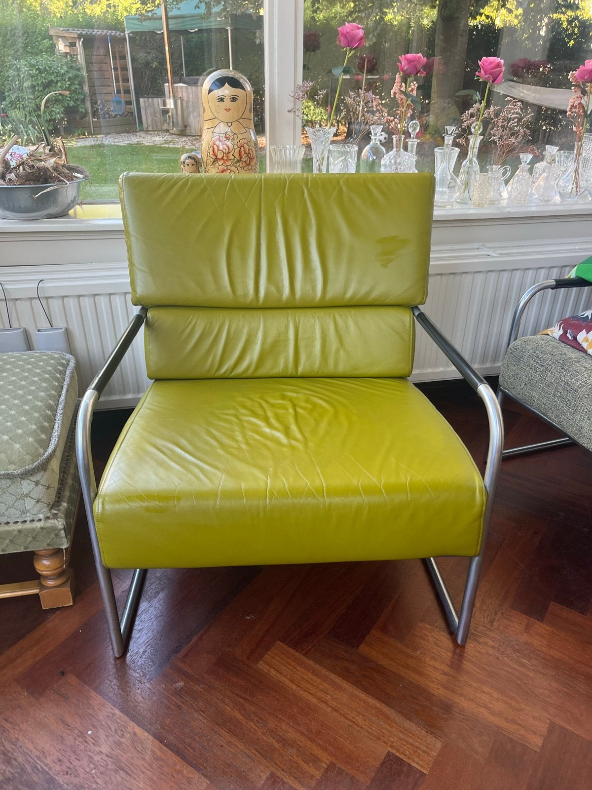 Harvink Fauteuil - Groen leer met metalen frame, Huis en Inrichting, Ophalen, Gebruikt, 50 tot 75 cm, Leer