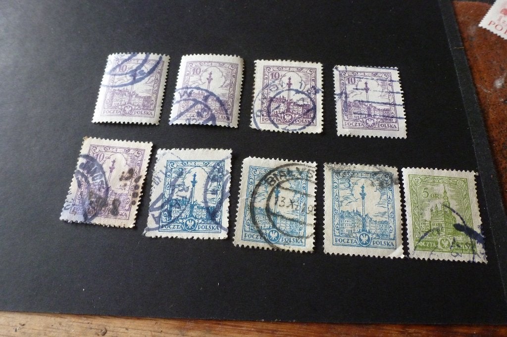 Polen - 9x  oude historische gebouwen 3, 5 en 10 groszy 1925, Ophalen of Verzenden, Polen, Gestempeld