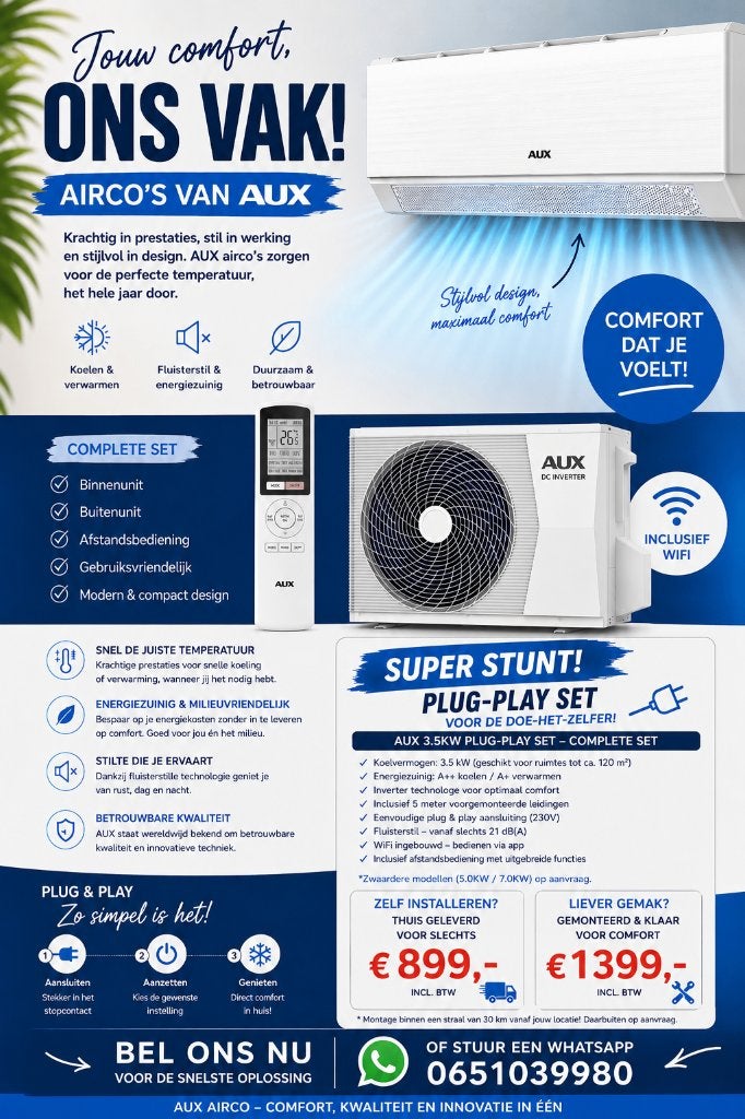 Aircoknaller AUX split airco 3.5KW geheel compleet!, Ophalen, Koelen en Ontvochtigen, Timer, Nieuw