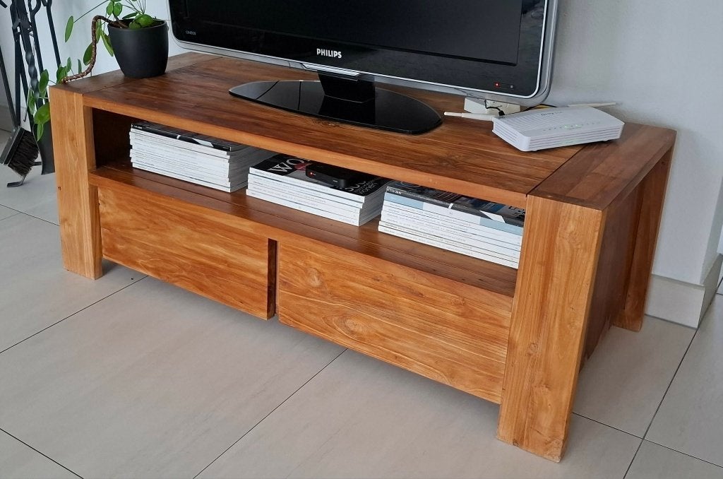 Design teakhout TV kast trapezium 130x45x45/50, Ophalen, Gebruikt, 100 tot 150 cm, Teakhout