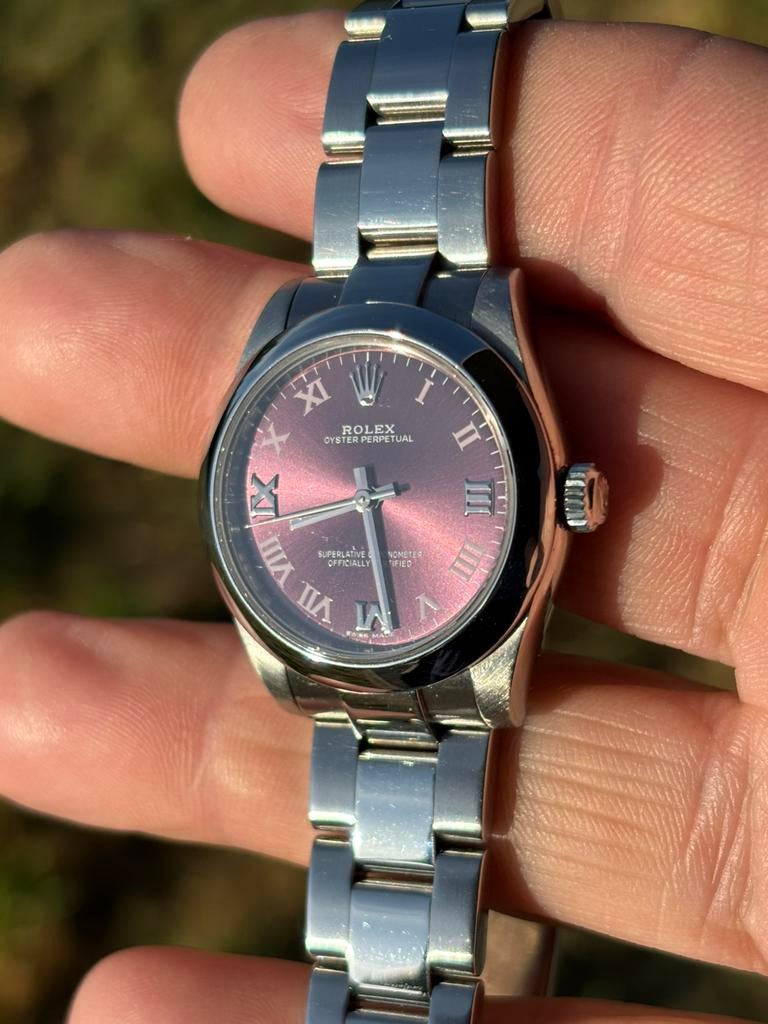 Rolex oyster pepetual.  177200 purple dial, Ophalen of Verzenden, Zo goed als nieuw, Staal, Rolex