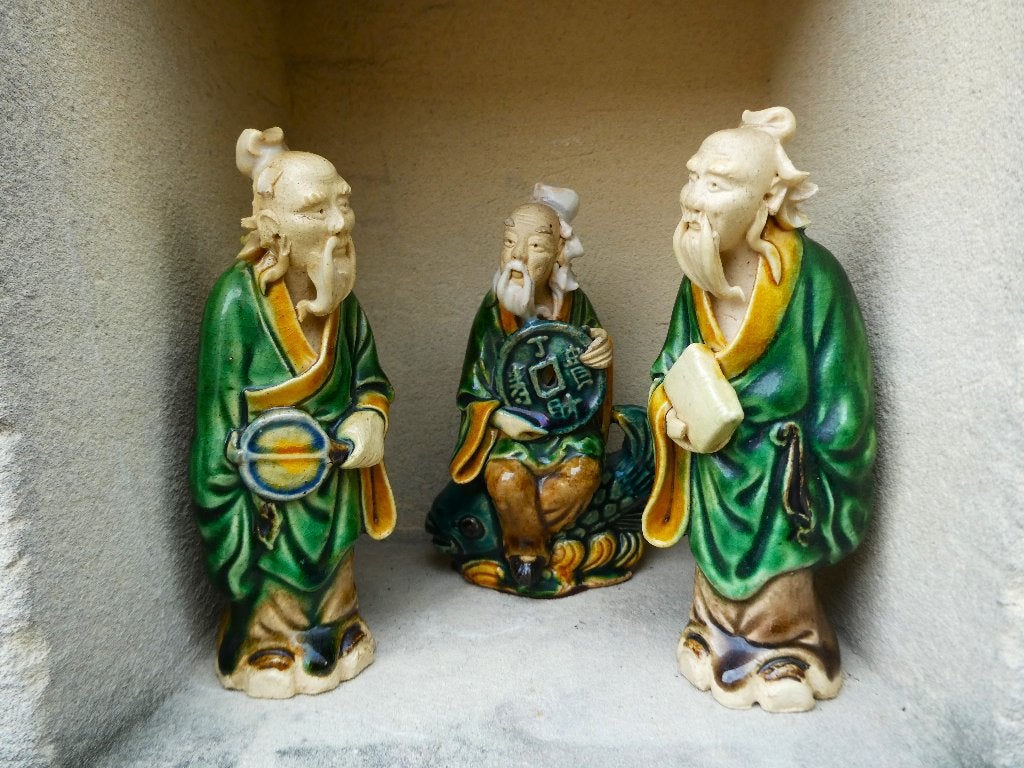 Drie oude Shiwan Mud Men-beeldjes, moddermannetjes, Steen/keramiek, Handgemaakt, Ophalen of Verzenden, Beeld