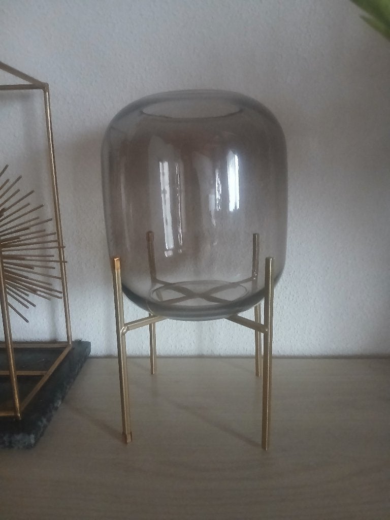 Rookglasen windlicht op gouden standaard, Huis en Inrichting, Windlicht, 32 cm, Ophalen of Verzenden, Zo goed als nieuw