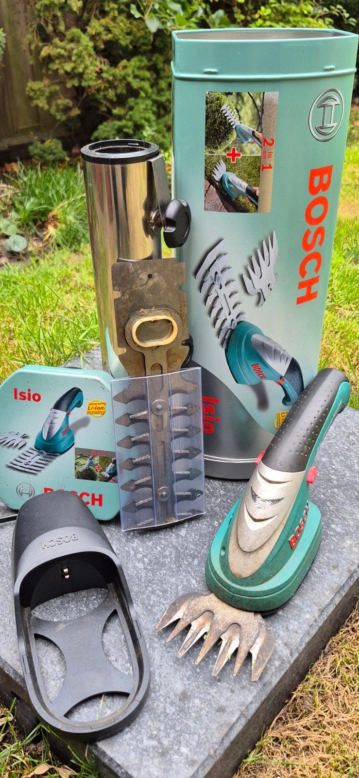 Bosch Isio Accu Gras- en Buxusschaar 2-in-1, Ophalen of Verzenden, Gebruikt, Accu, Bosch