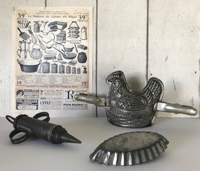 Vintage vertind metalen mal chocolade mal kip op mand, Ophalen of Verzenden