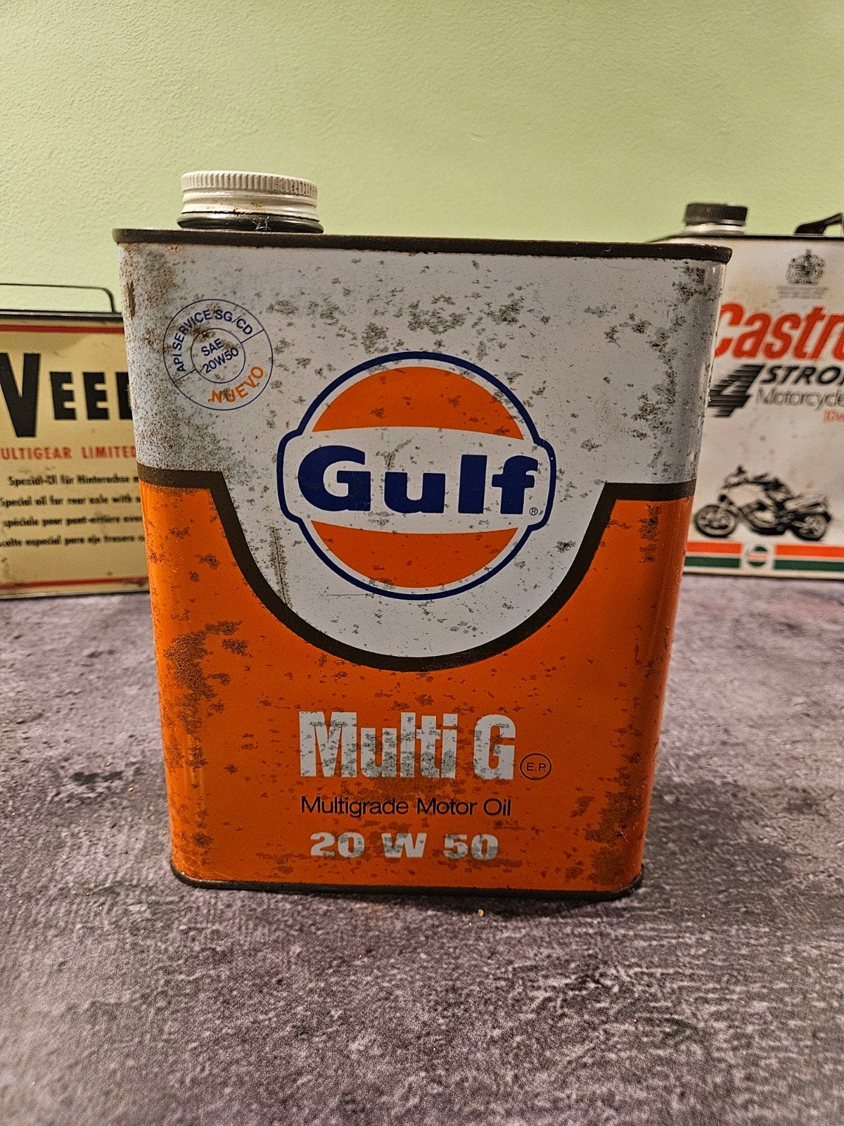 Gulf Olieblik Gulf garageblik Motorolie vintage, Verzamelen, Ophalen of Verzenden, Gebruikt, Overige