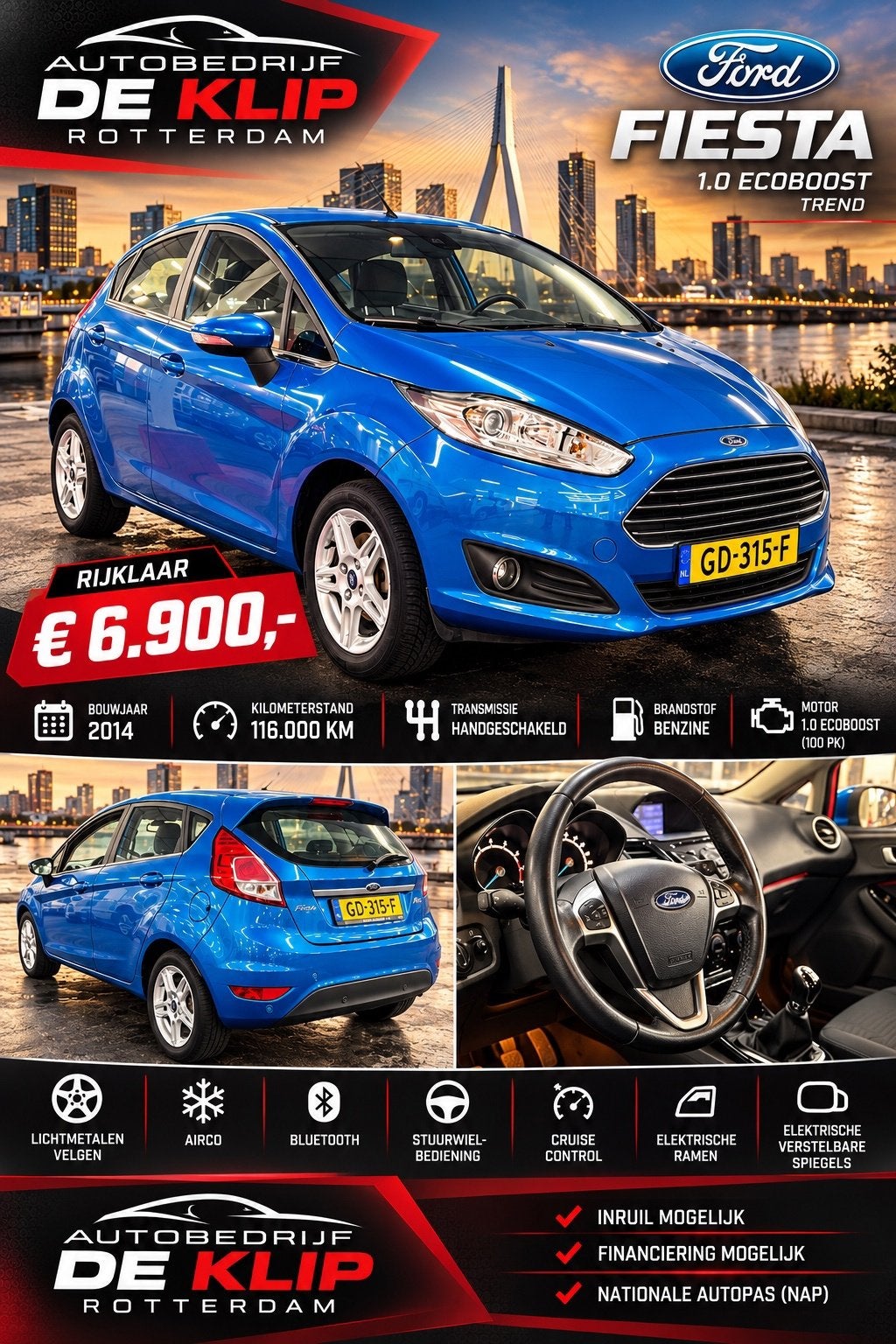 Ford Fiesta 1.0 Titanium|116000KM|Navigatie|Airco|, Auto's, Voorwielaandrijving, Dealer onderhouden, Stof, 525 kg