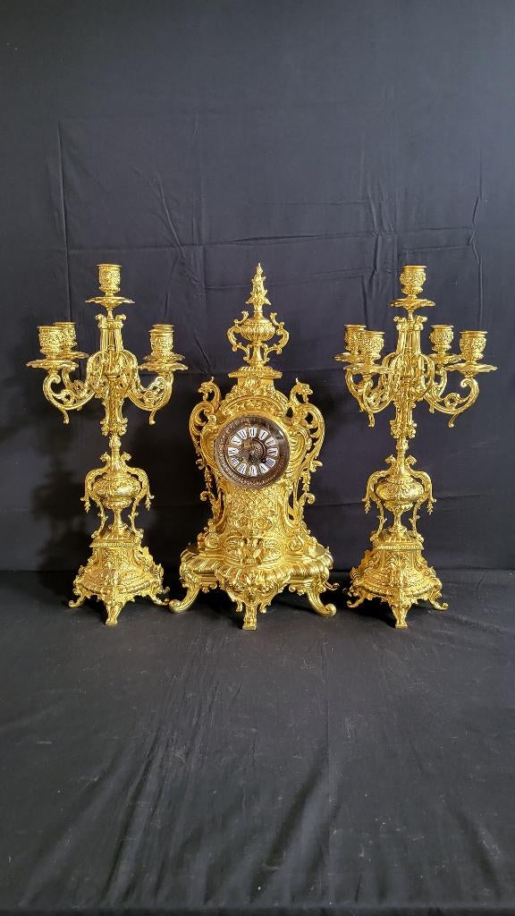 (11) Franse Bronzen Regency Pendule met Kandelaren ca.1890, Antiek en Kunst, Ophalen of Verzenden