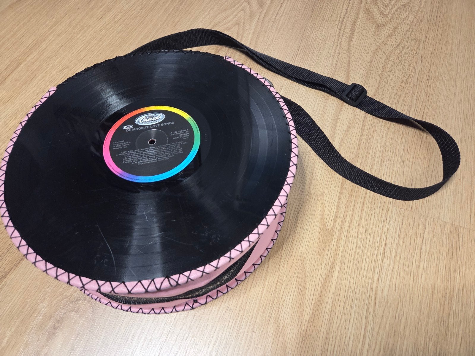 Unieke LP-vinyl schoudertas met roze leer, Ophalen of Verzenden