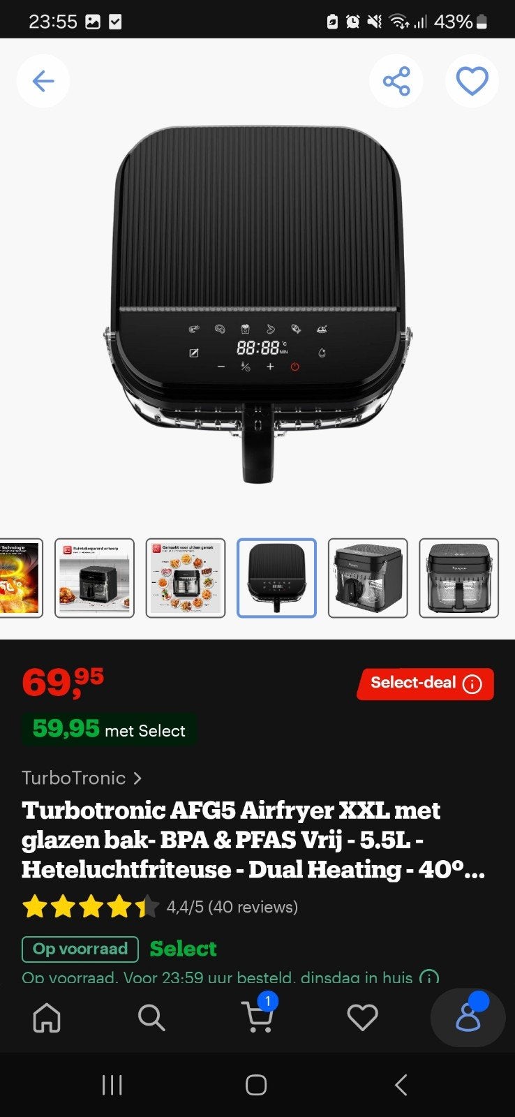 TurboTronic AFG5 Airfryer XXL 5.5L - BPA & PFAS Vrij, Ophalen of Verzenden, Nieuw, Airfryer XXL, 1500 gram of meer