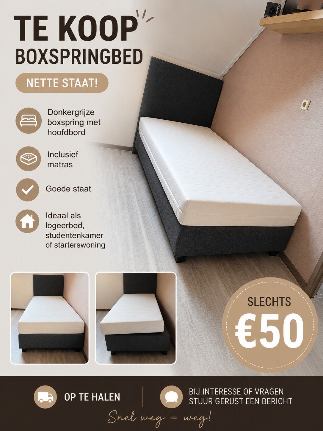 Donkergrijze boxspring met hoofdbord en matras, Ophalen, Gebruikt, 90 cm, Eenpersoons