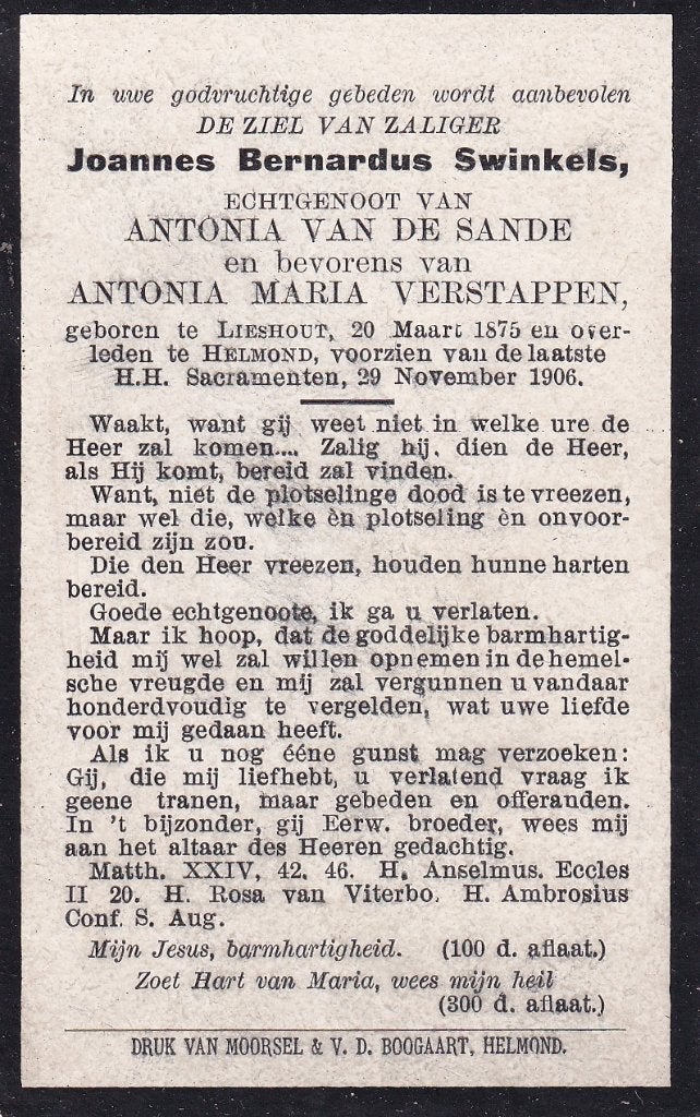 Swinkels Joannes 1875  Lieshout 1906 Helmond, Ophalen of Verzenden, Bidprentje